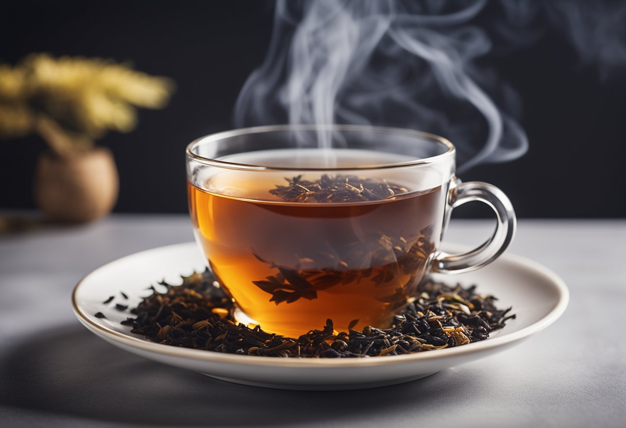 A steaming cup of black tea sits on a saucer, surrounded by a few scattered tea leaves. A keto-friendly label is prominently displayed on the packaging