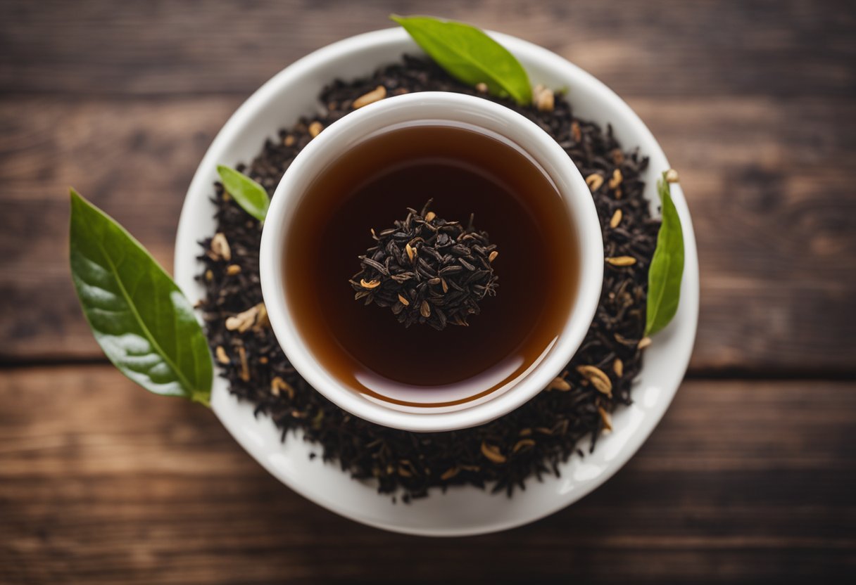 A steaming cup of black tea surrounded by tea leaves and a keto-friendly label