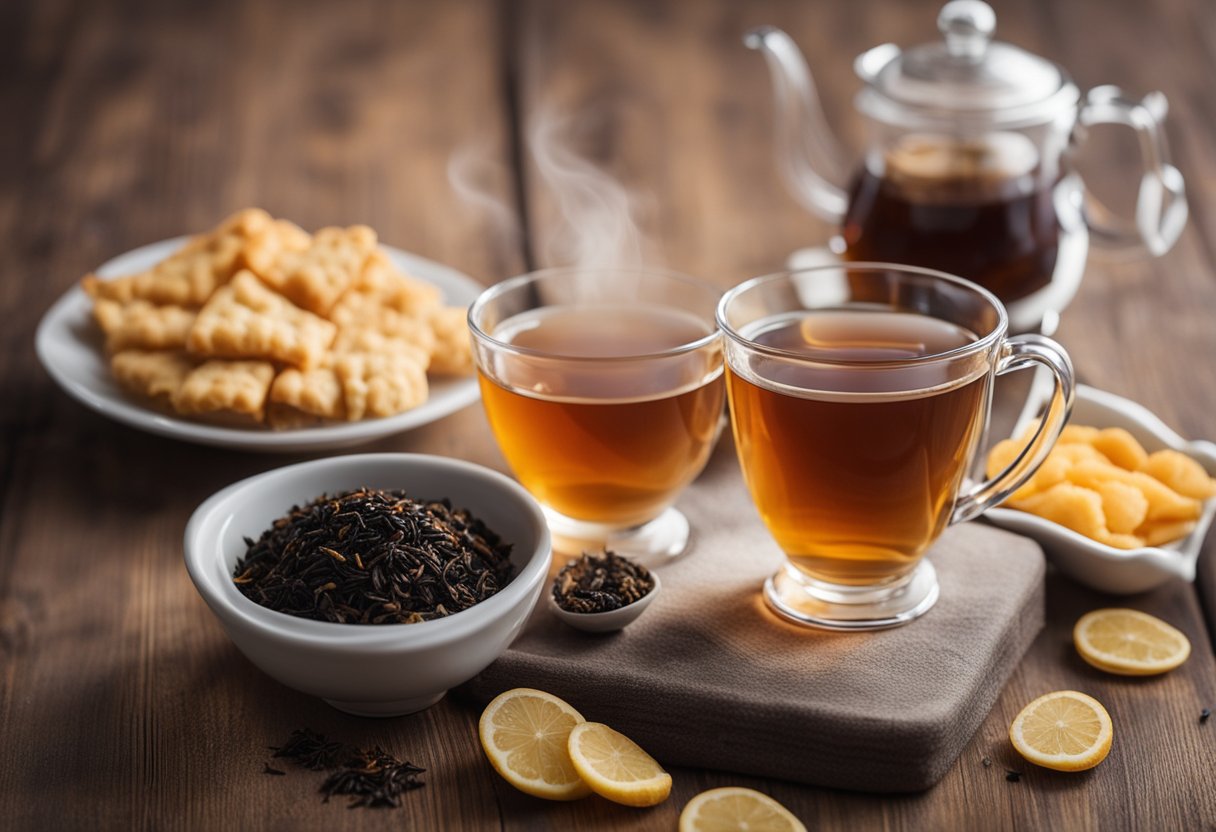 A steaming cup of black tea sits next to a keto-friendly snack, surrounded by low-carb ingredients