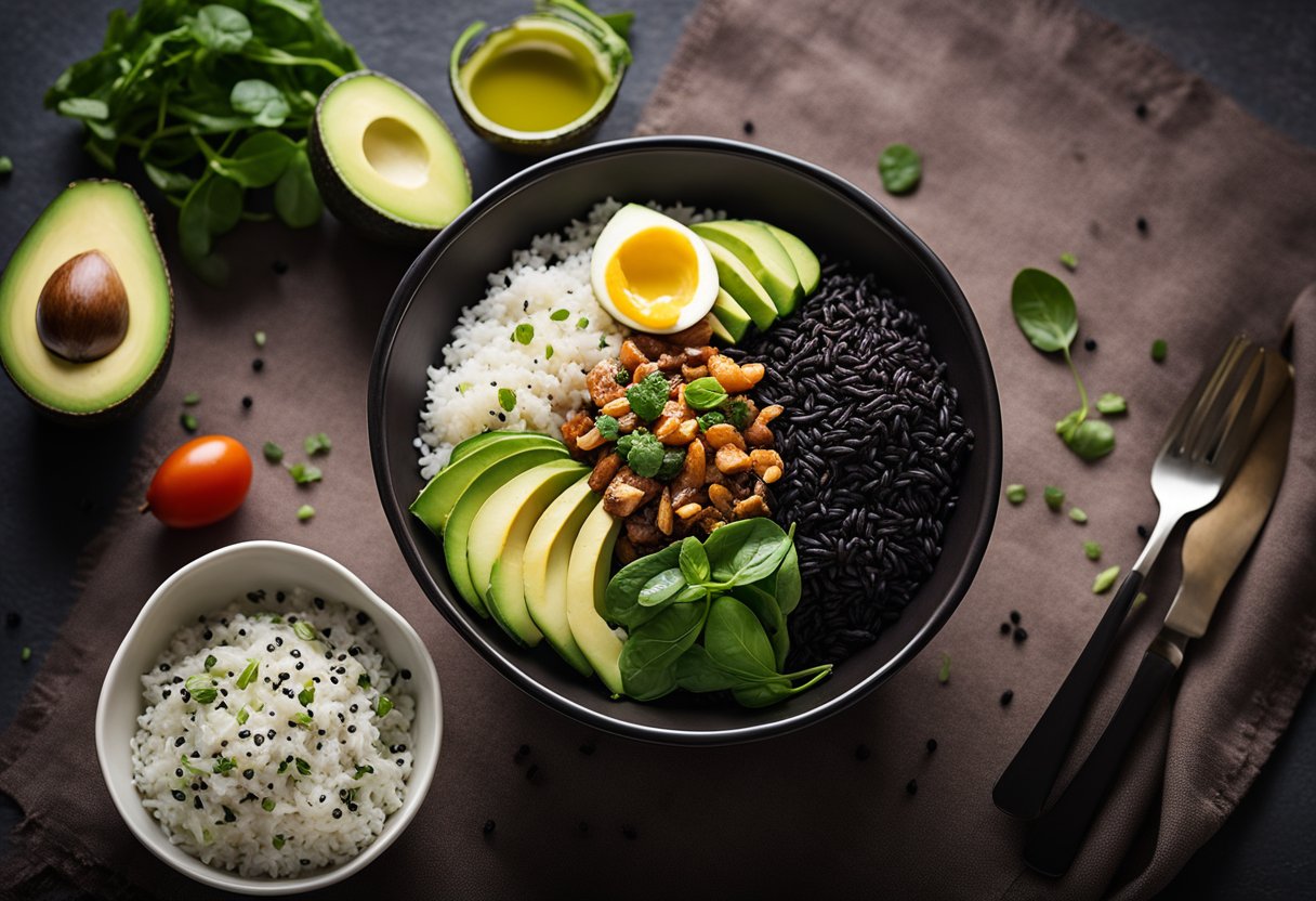 A bowl of black rice surrounded by keto-friendly ingredients like avocado, spinach, and grilled chicken