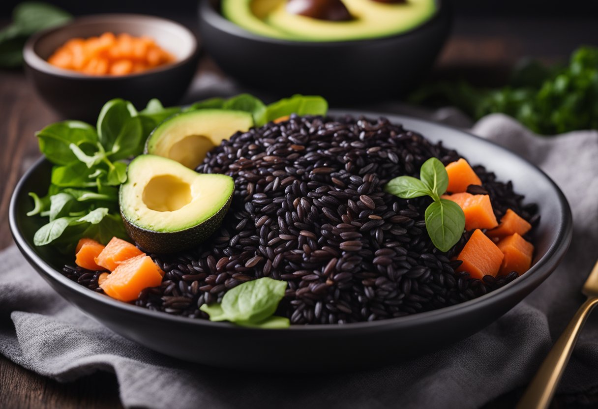 A bowl of black rice surrounded by keto-friendly ingredients like avocado, salmon, and leafy greens, with a keto-friendly label in the background