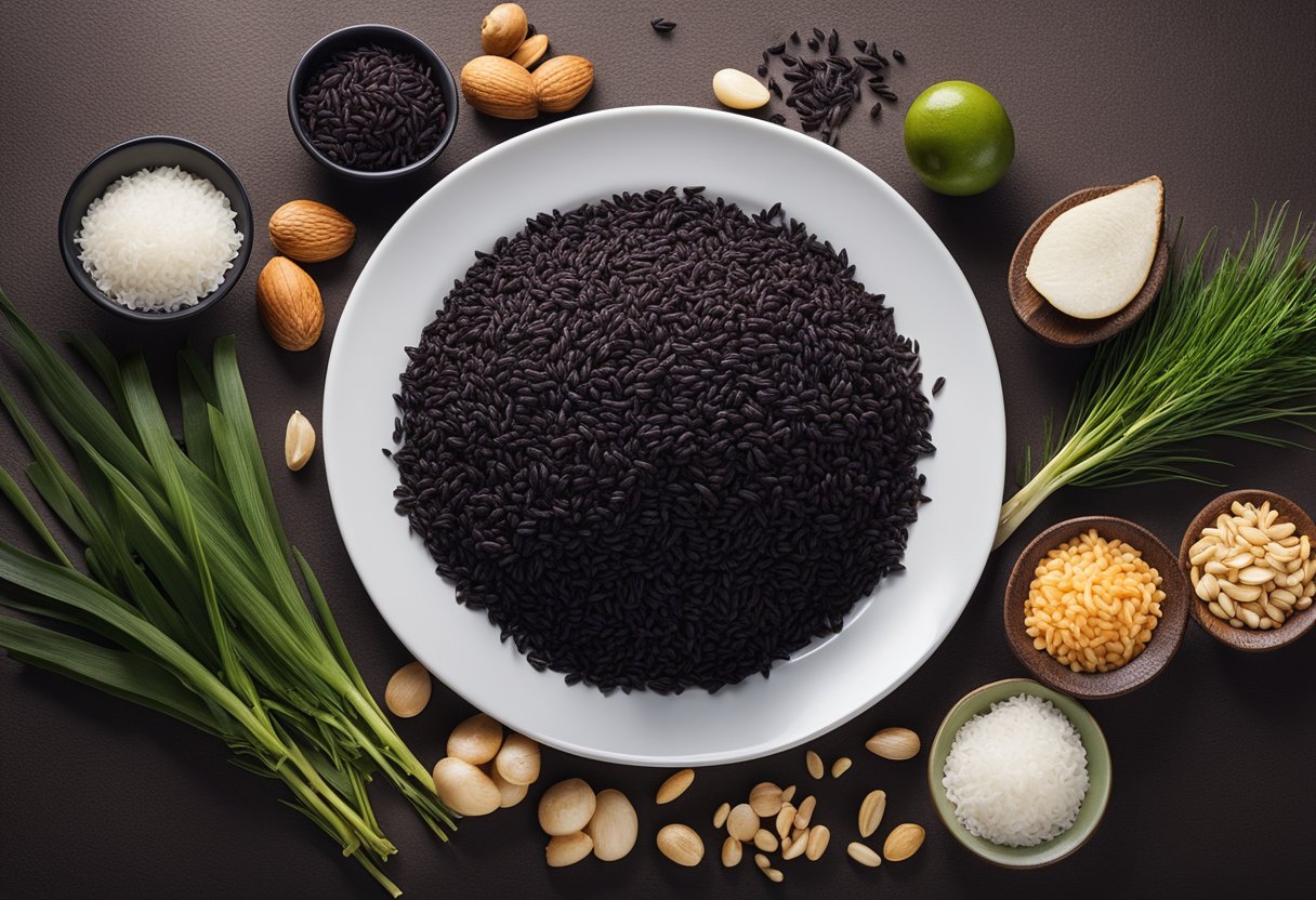 A plate of black rice next to a list of keto-friendly foods, with a question mark above the rice