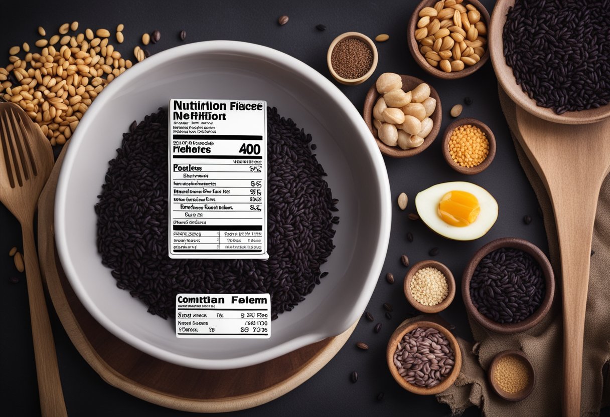 A bowl of black rice with a nutrition label showing low carb and high fiber content, surrounded by keto-friendly food items