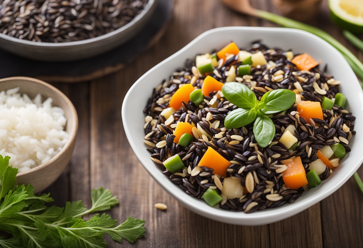 A bowl of wild rice surrounded by low-carb vegetables and a keto-friendly label