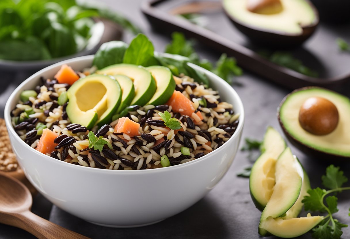 A bowl of wild rice surrounded by keto-friendly ingredients like avocado, salmon, and leafy greens