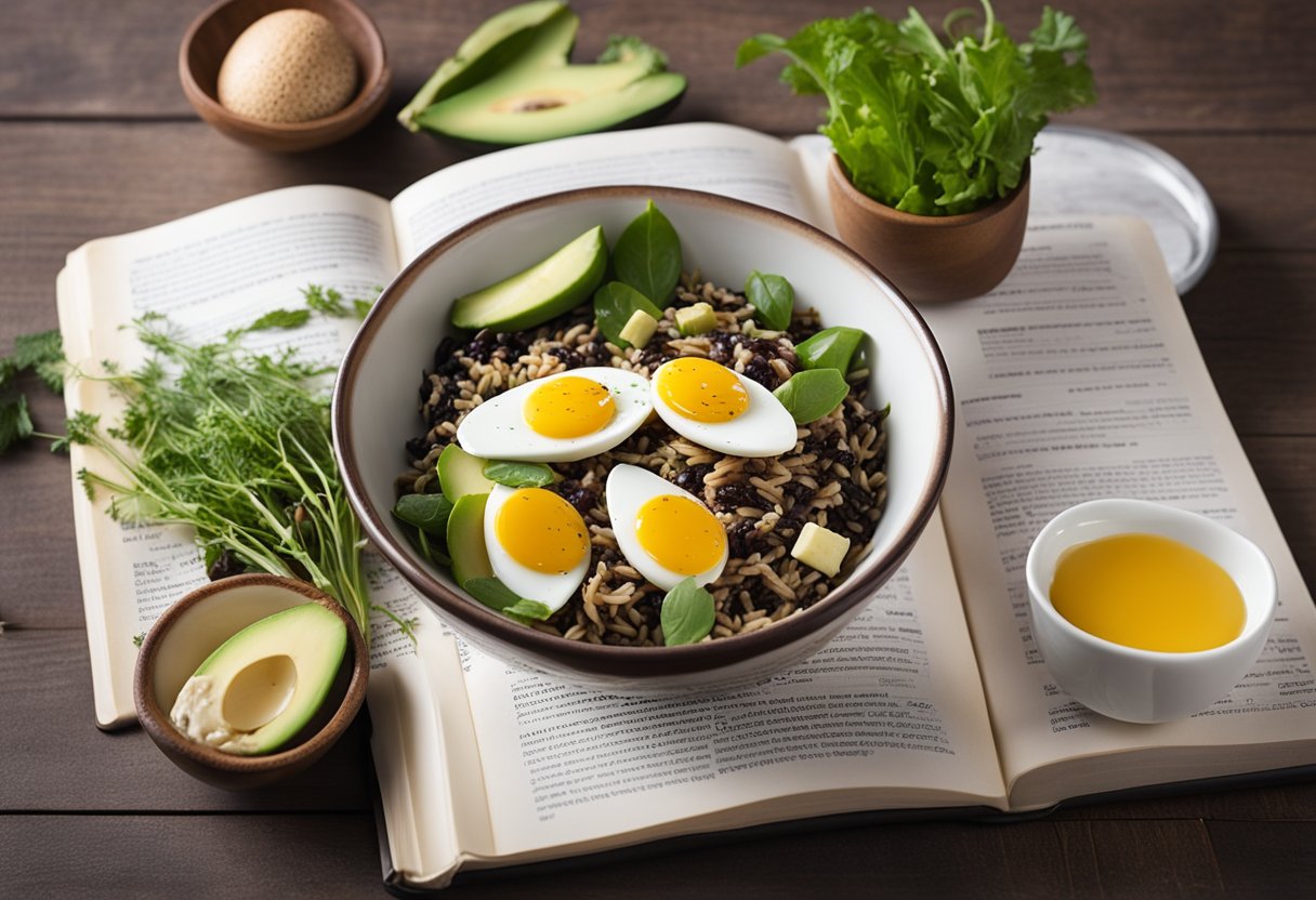 A bowl of cooked wild rice surrounded by keto-friendly foods like avocados, eggs, and leafy greens, with a Keto Diet book in the background