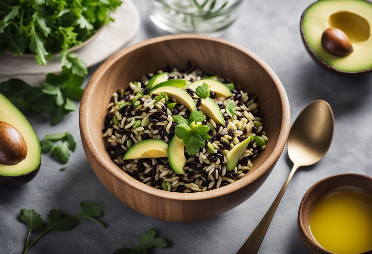 A bowl of wild rice surrounded by low-carb, keto-friendly ingredients like avocado, olive oil, and leafy greens