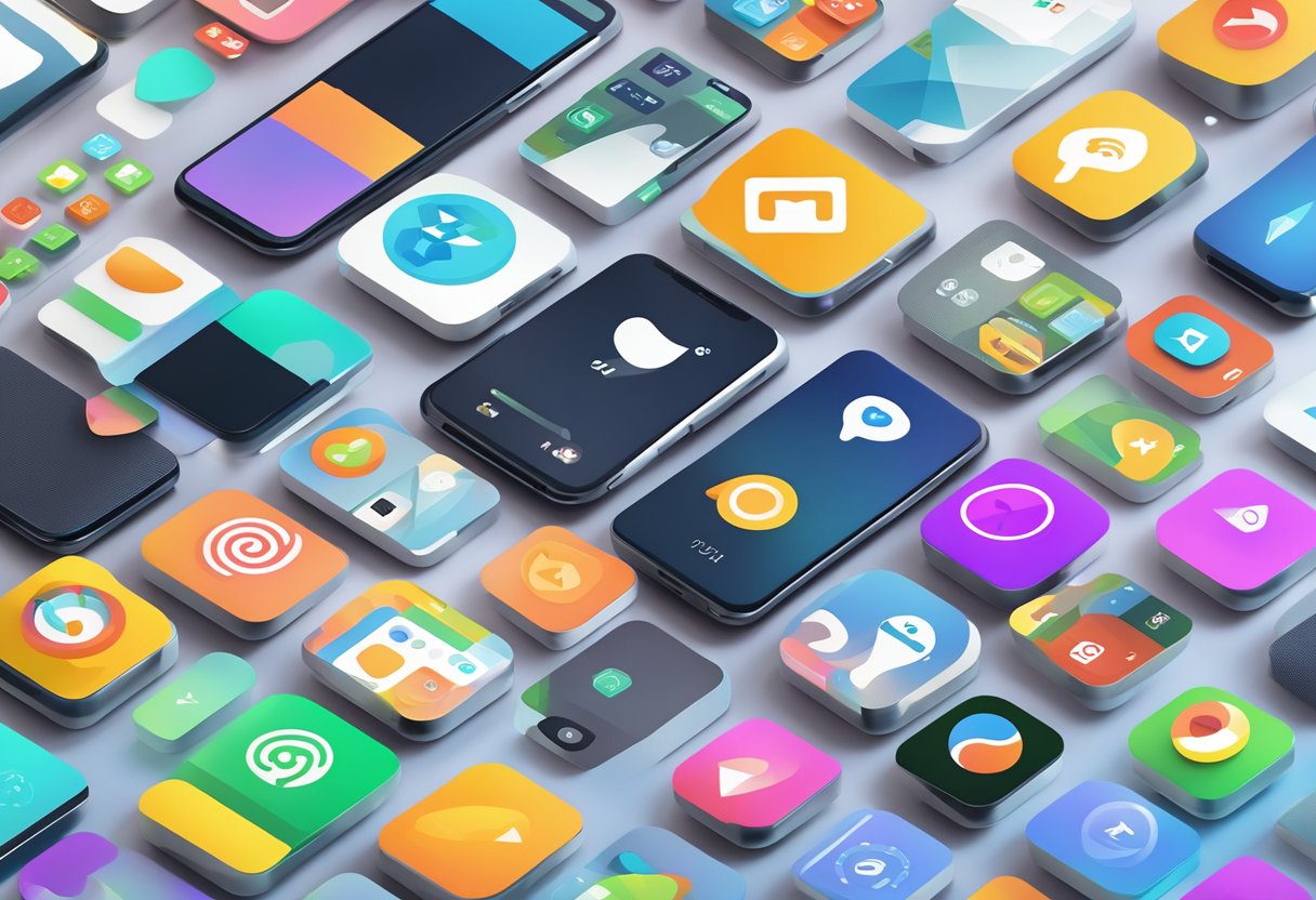 A smartphone with the myfreeapp.io logo displayed, surrounded by various free apps and games icons