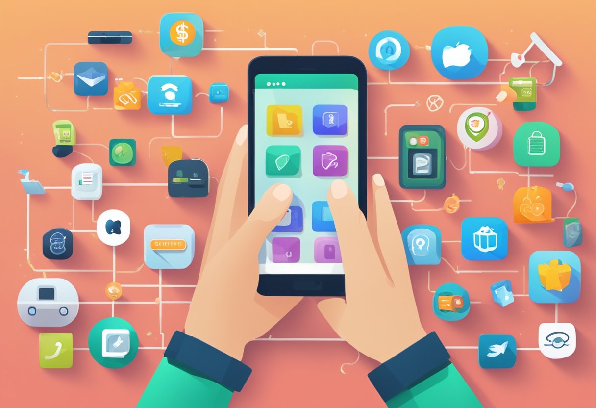 A mobile device with "myfreeapp.io" displayed, surrounded by various apps and games. Text "Earn Cash" and "Get Free" prominently featured