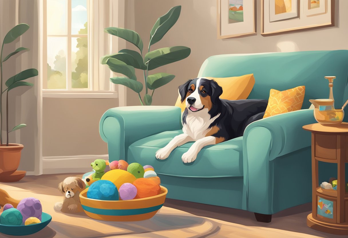 A senior dog lying comfortably on a cozy bed, surrounded by familiar toys and a bowl of fresh water. The room is filled with soft natural light, creating a calm and peaceful atmosphere