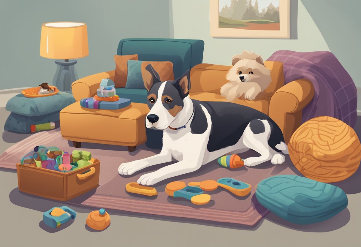 A senior dog lounges with a family, surrounded by toys and cozy blankets. A bowl of water and a comfortable bed are nearby