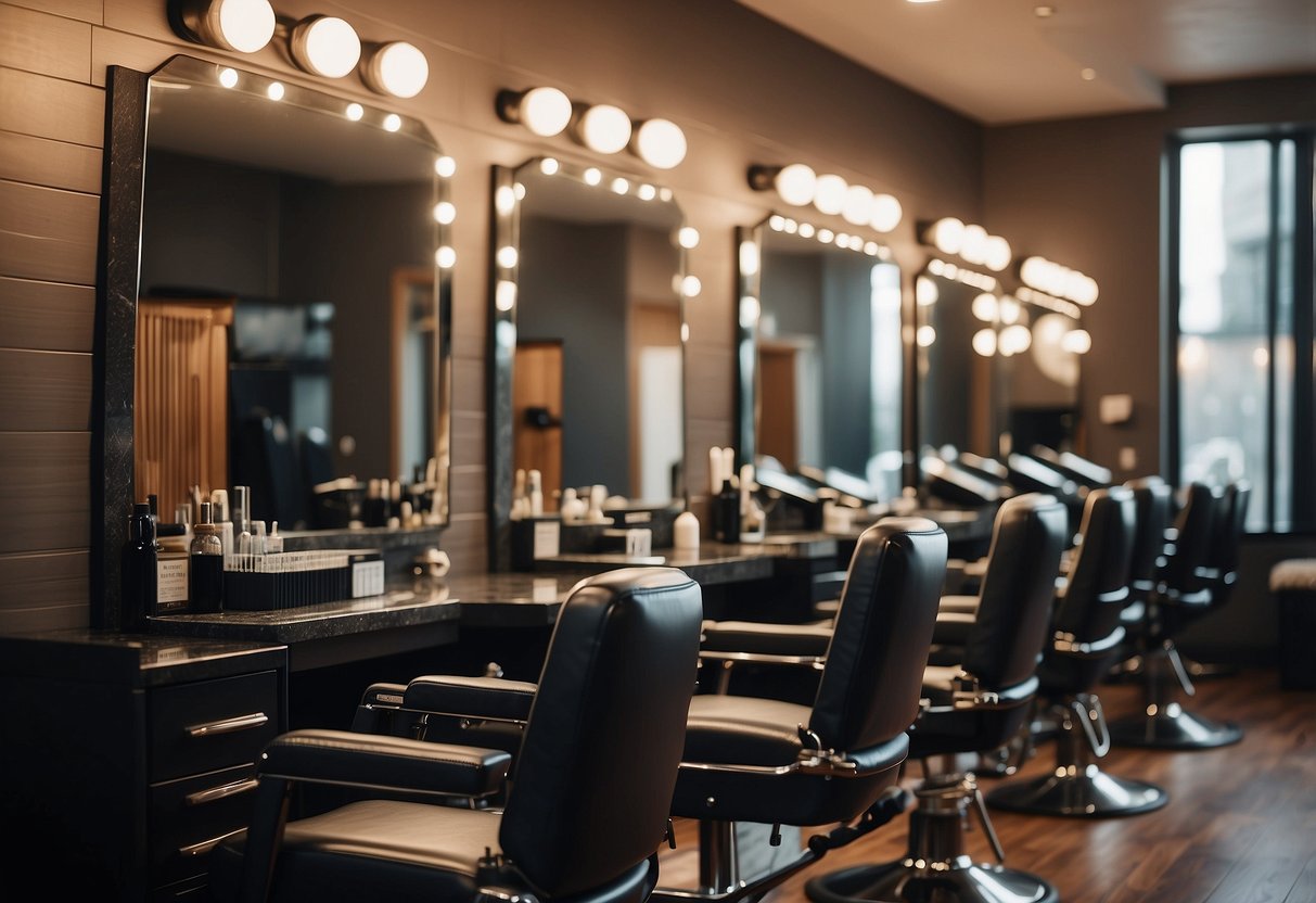 A salon chair with a mirror, hair extensions displayed, and a chart comparing myths and facts about hair health