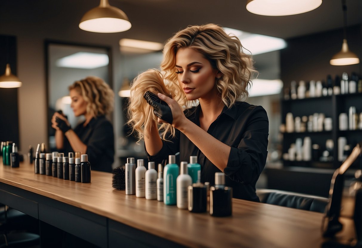 A clean, well-lit salon with a stylist carefully applying tape-in hair extensions to a mannequin head, surrounded by bottles of hair care products and tools