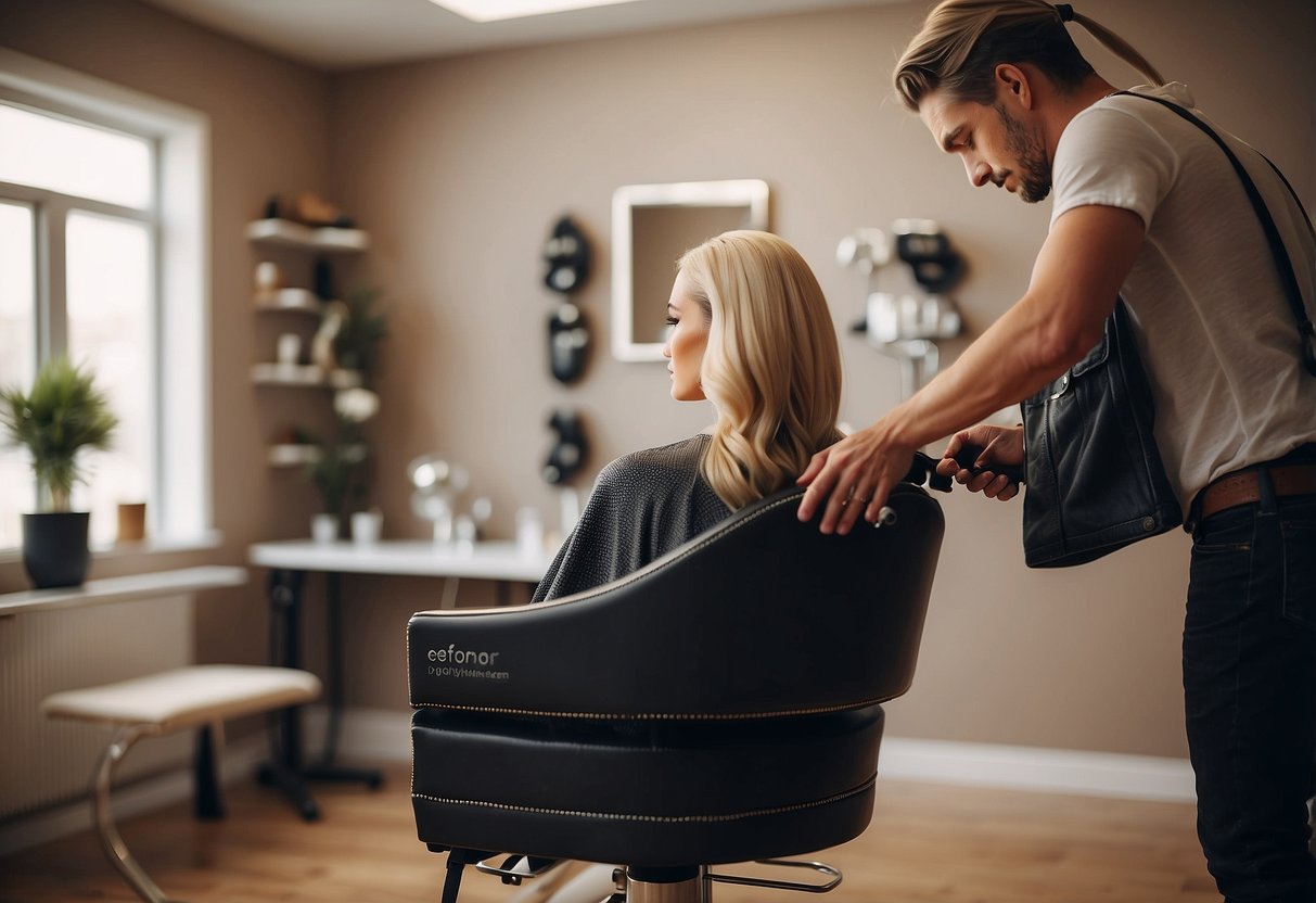 A salon chair with a stylist applying tape-in extensions to a mannequin head. A diagram on the wall shows myths and facts about hair health