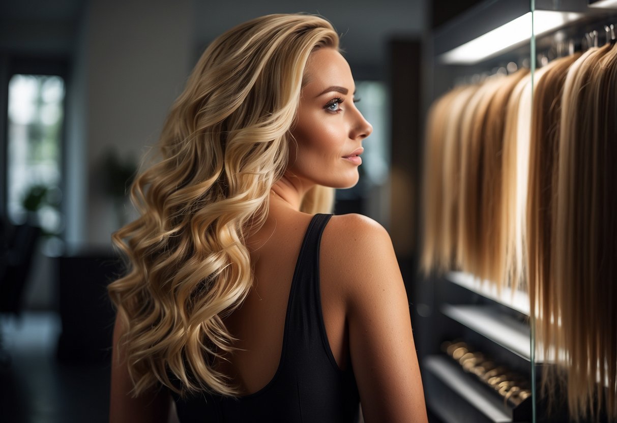 A woman with long, flowing hair stands next to a display of tape-in hair extensions. The room is filled with natural light, and the woman's hair looks healthy and vibrant