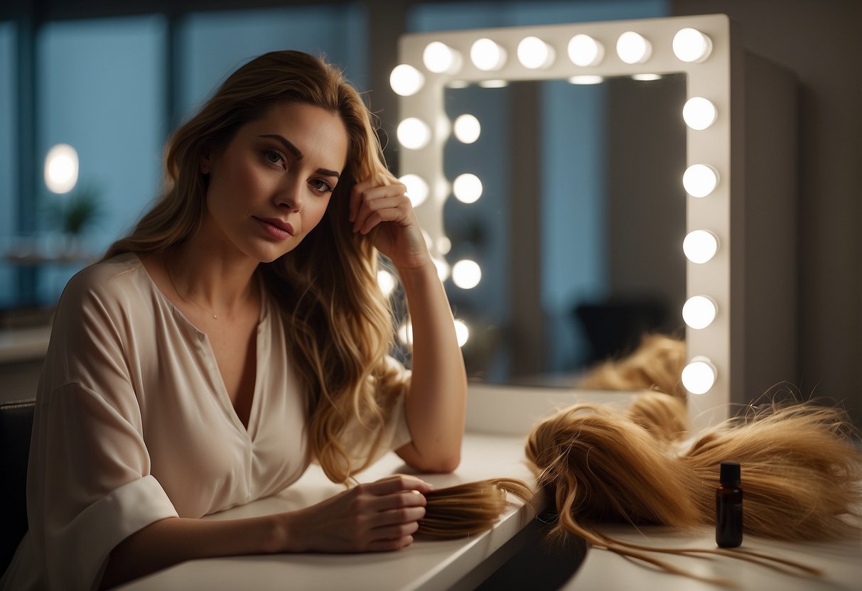 A woman sits in front of a mirror, holding a strand of hair. On the table are various hair extension products. She looks contemplative, weighing the pros and cons