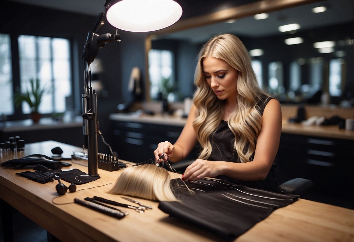 A hairstylist carefully sews in hair extensions, avoiding common mistakes. Tools and products are neatly organized on a clean workstation