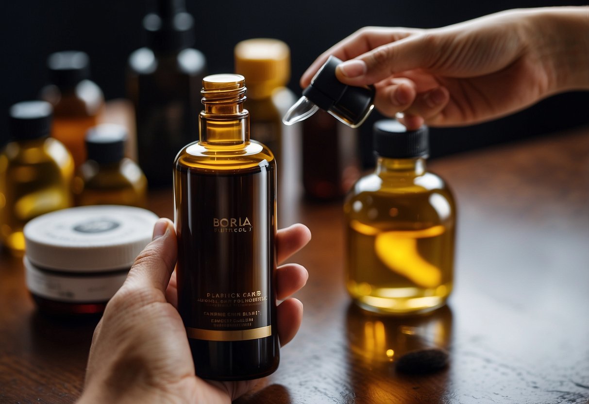 A hand holding a bottle of hair oil, applying it to a sew-in extension. A hair care routine laid out on a table with various products