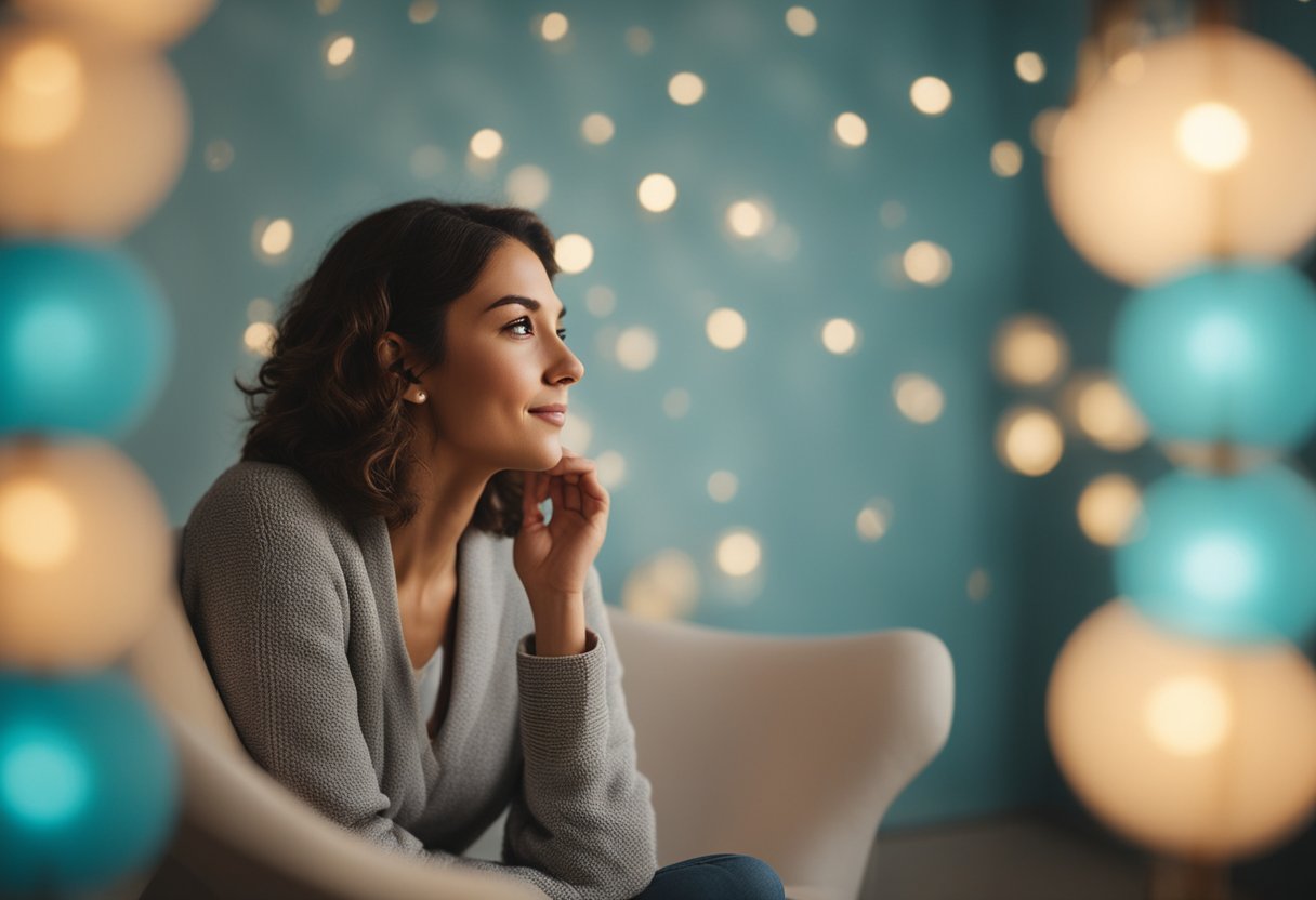 A person sits in a relaxed position, surrounded by calming colors and soft lighting, as they receive hypnotherapy