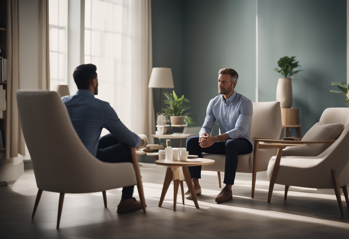 A serene room with soft lighting, comfortable chairs, and a calming atmosphere. A hypnotist guides a client through relaxation techniques, creating a sense of peace and focus