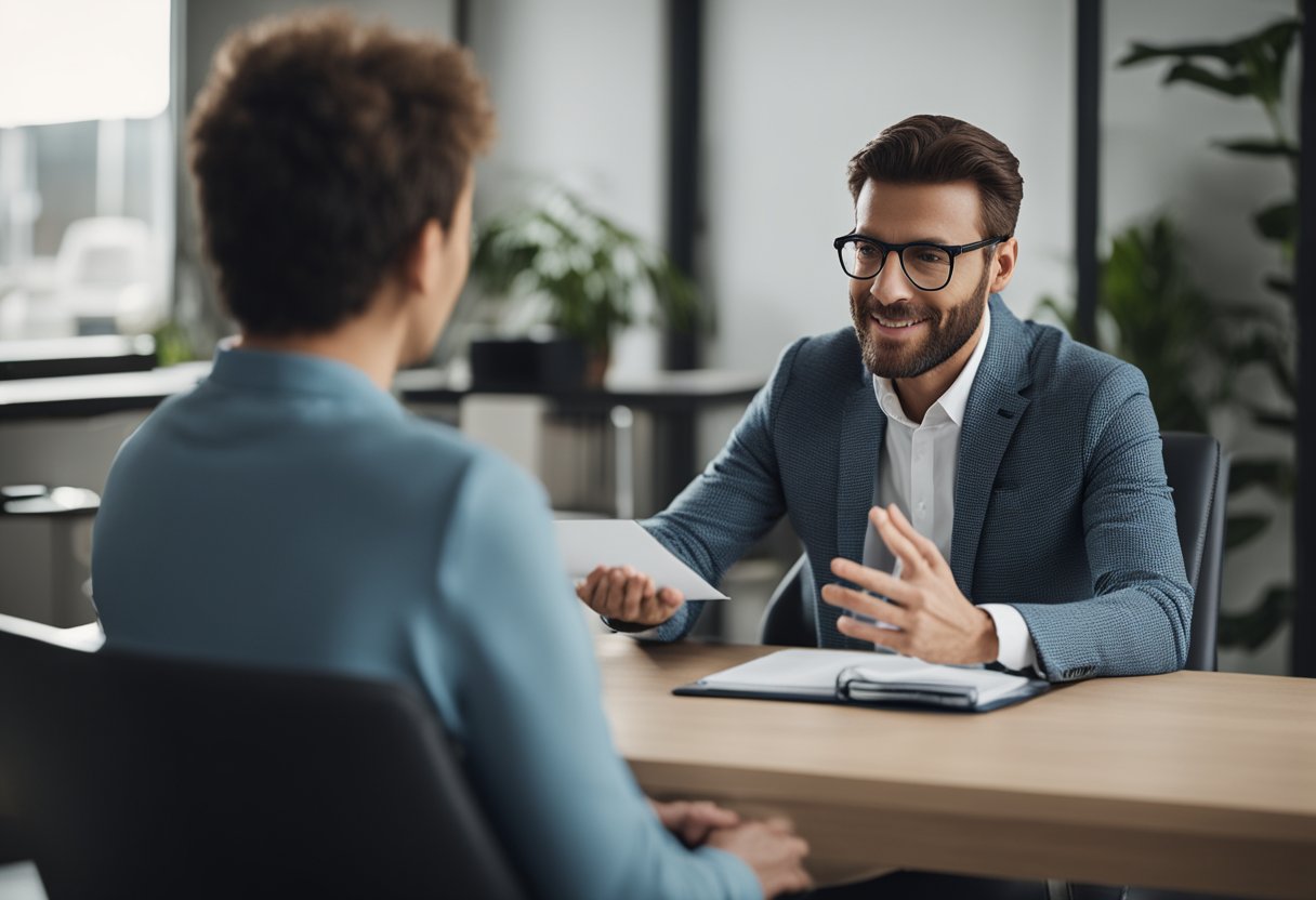 A person sitting in a comfortable chair, talking to a therapist using hand gestures and nodding in agreement. The therapist is holding a clipboard and asking questions