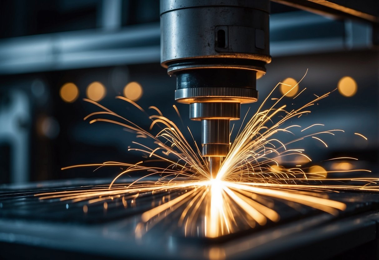 A Tanaka laser cutting machine in action, slicing through metal with precision and speed. Sparks fly as the machine effortlessly cuts through the material, showcasing its high-speed capabilities
