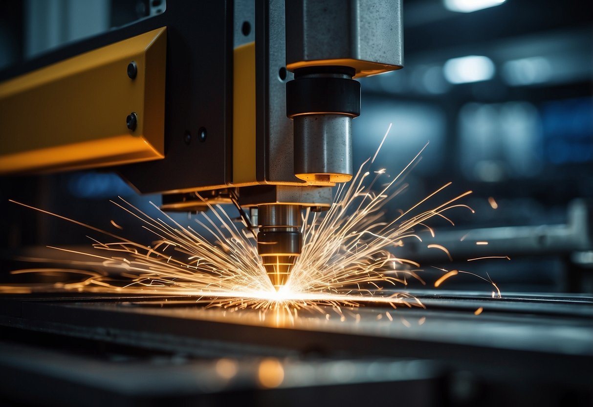 A Tanaka laser cutting machine in action, slicing through metal with precision. Sparks fly as the high-speed technology demonstrates its industrial applications