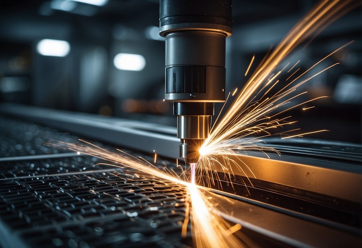 A Tanaka laser cutting machine operates at high speed, slicing through materials with precision. Sparks fly as the machine moves swiftly, creating intricate patterns with ease