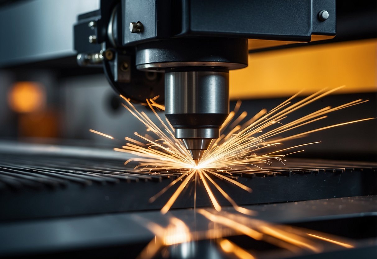 The Tanaka laser cutting machine operates at high speed, with precise cutting parameters. Sparks fly as the machine swiftly cuts through metal sheets, emitting a bright glow