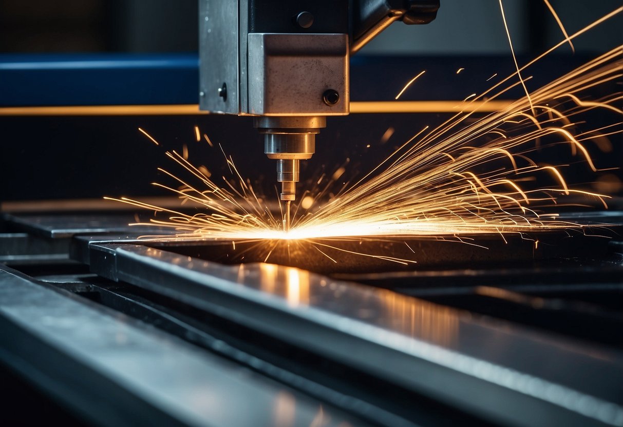 A Tanaka laser cutting machine in action, slicing through metal with precision. Sparks fly as the machine effortlessly navigates through the material, showcasing its high-speed cutting performance