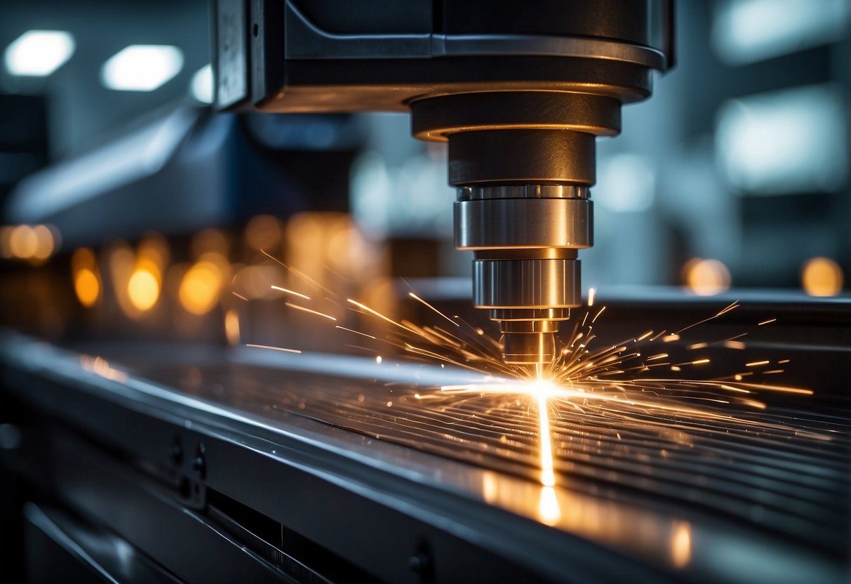 A Tanaka laser cutting machine swiftly slices through metal sheets with precision, emitting a bright beam of light and producing intricate patterns