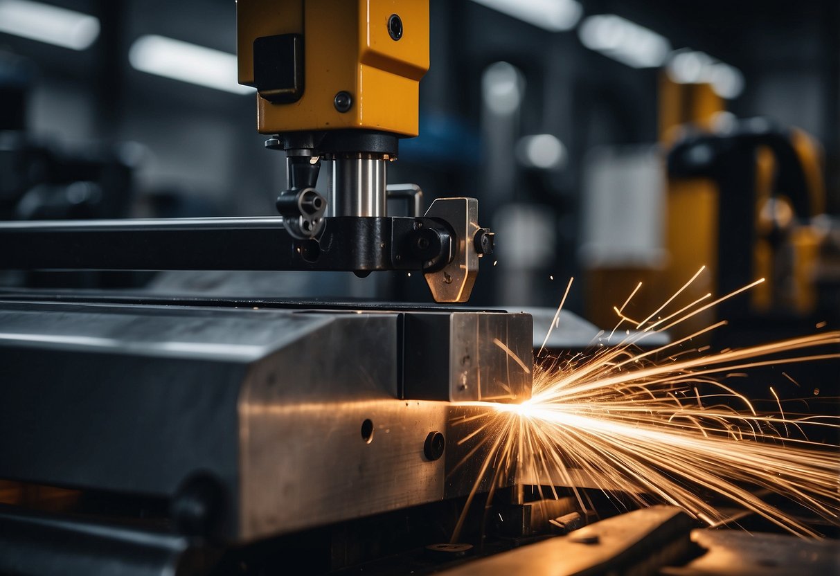 The Tanaka laser cutting machine slices through metal with precision, sparks flying as it swiftly shapes industrial parts