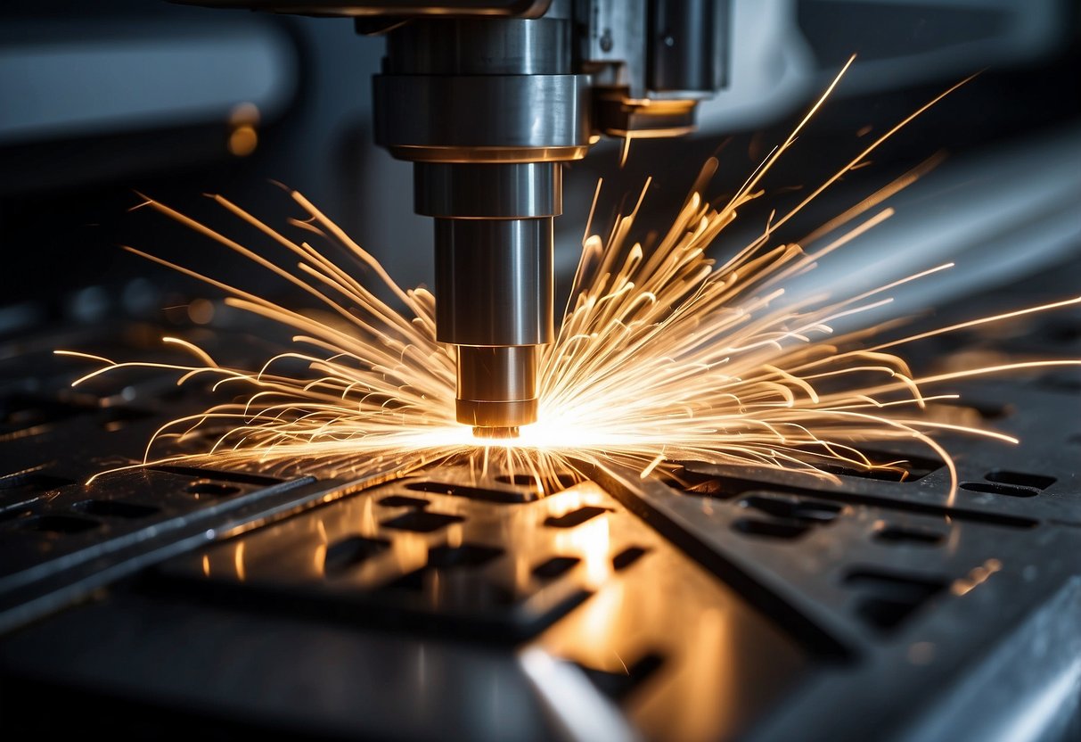 A Tanaka laser cutting machine precisely slices through metal, producing clean edges. Sparks fly as the material is processed with high precision