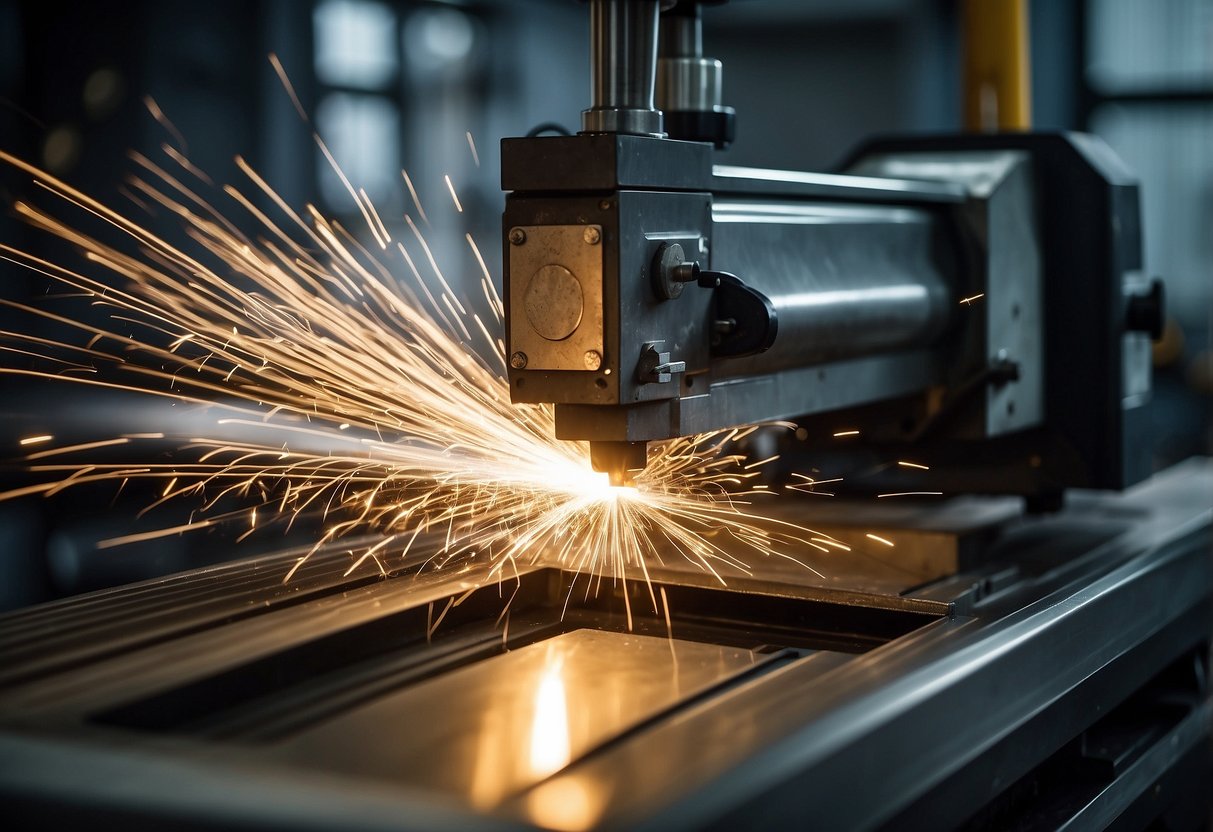 A Tanaka laser cutter in action, cutting through a thick metal sheet with precision. Sparks flying as the machine achieves perfect edge quality