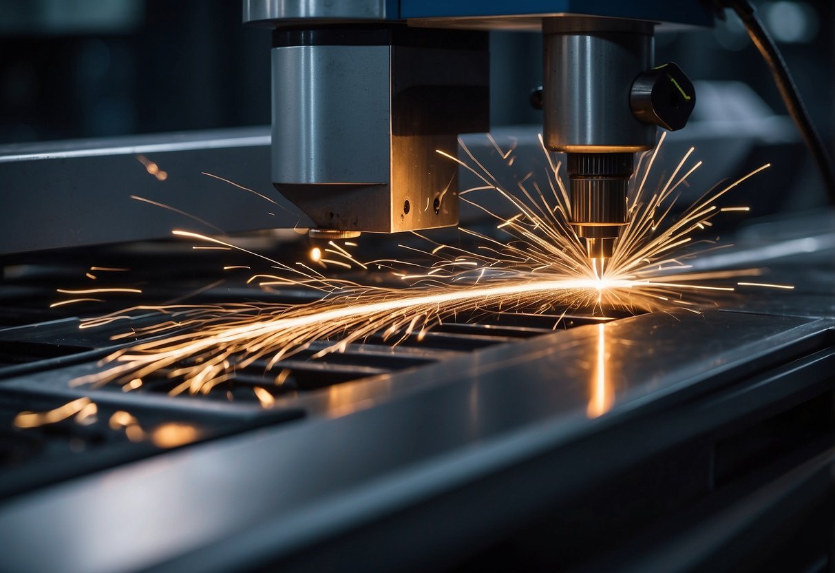 A Tanaka laser cutting machine precisely slices through metal, leaving clean edges. Sparks fly as the machine operates, enhancing product quality