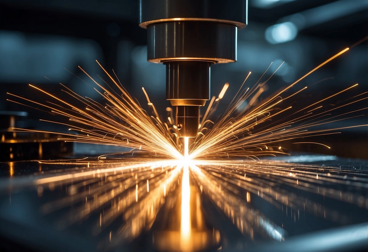 A Tanaka laser cutting machine emitting a precise beam, creating clean edges on a metal sheet. Sparks fly as the machine moves with accuracy