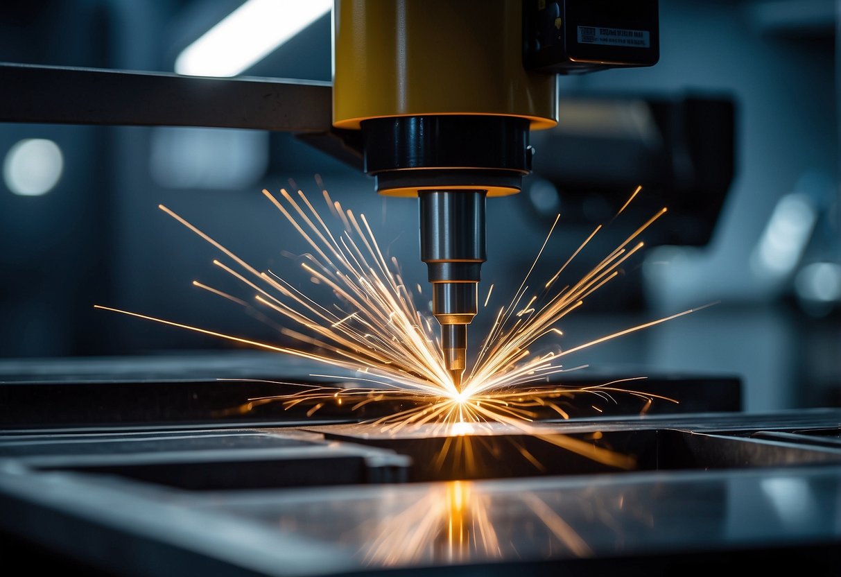 A Tanaka laser cutting machine slices through metal with precision, emitting a bright beam and producing clean edges. The material is held in place by clamps, while the machine's intricate components work together seamlessly