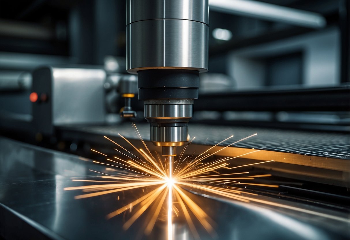 A Tanaka laser cutting machine in operation, emitting a precise beam onto a metal sheet, creating clean and sharp edges. Fumes and sparks are effectively extracted, ensuring a safe and efficient working environment