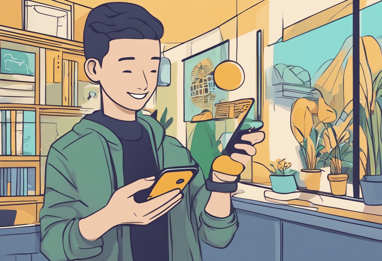 A hand holding a phone with a "Indique e ganhe por cadastro" message on the screen. A smiling face in the background