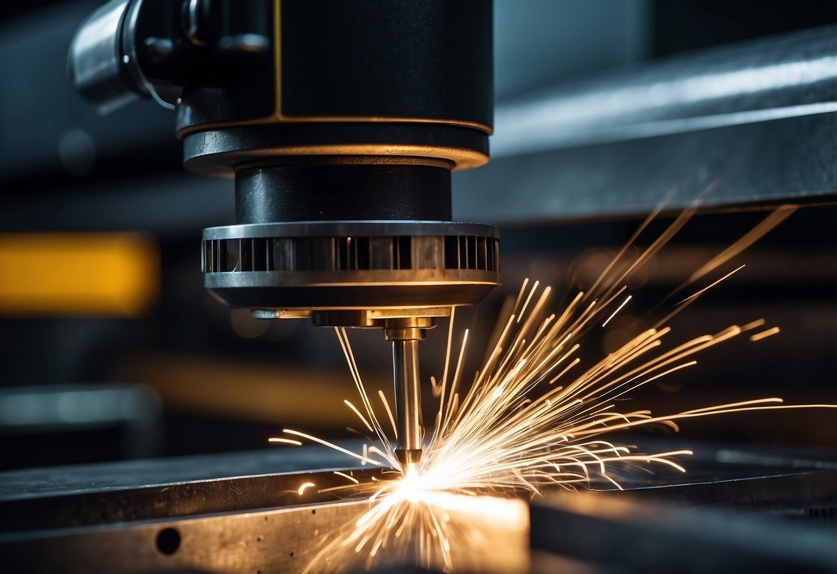 A Tanaka laser cutting machine precisely slices through metal sheets, creating minimal material waste. Sparks fly as the machine operates with precision and efficiency