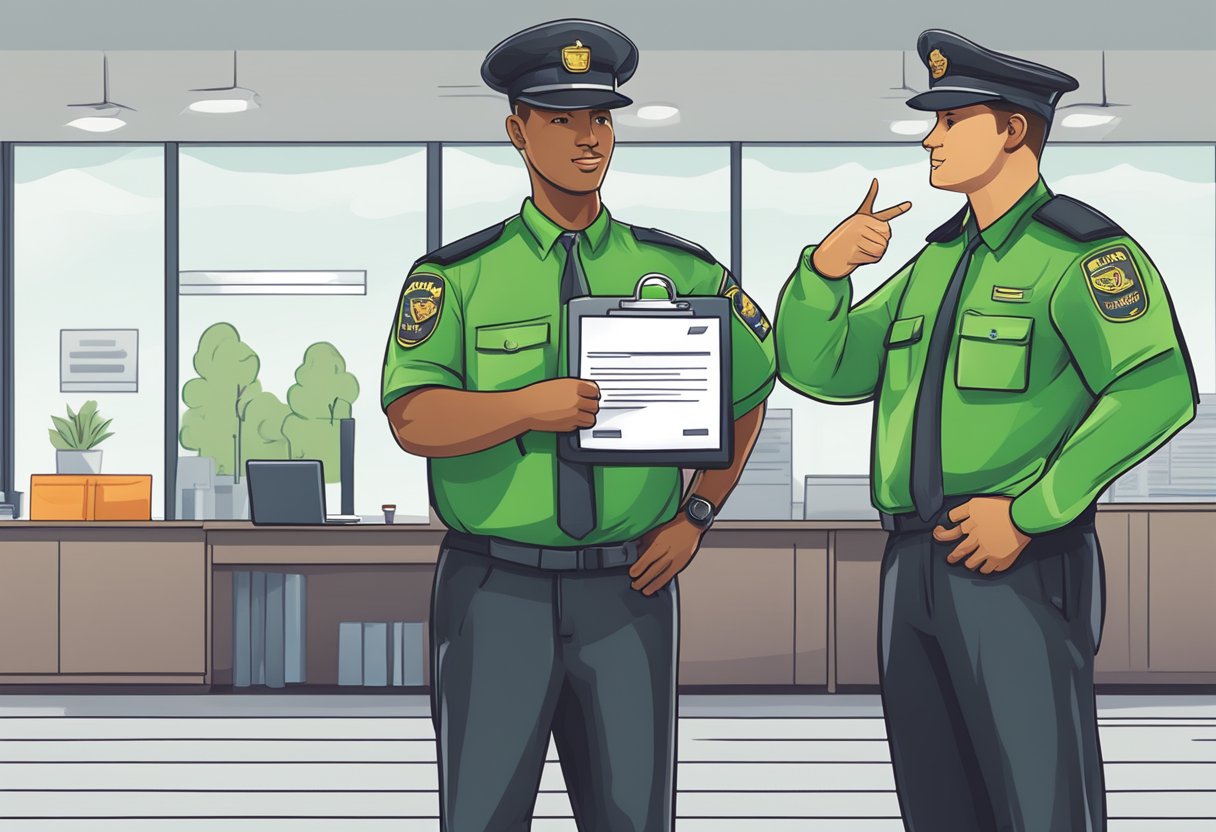 A security guard pointing to a sign for "Safety and Best Practices - Refer and Earn" with a registration form