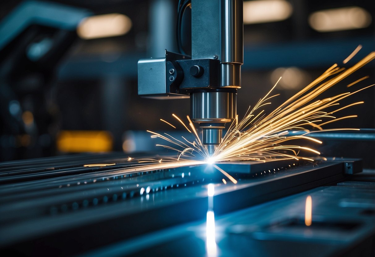 A Tanaka laser cutting machine efficiently slices through materials, minimizing waste. Sparks fly as the machine precisely cuts with high accuracy