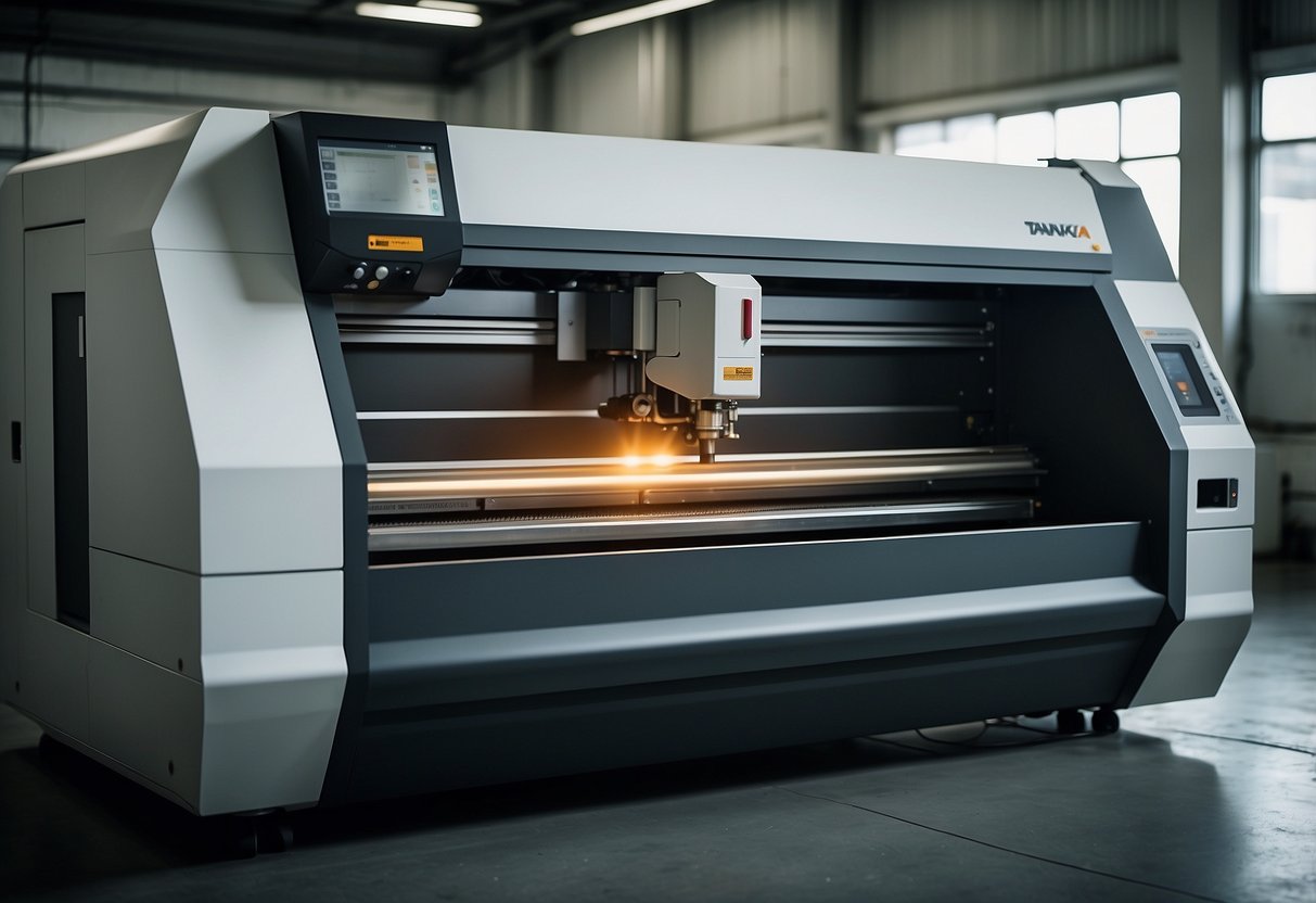 A Tanaka laser cutting machine efficiently cuts materials, producing minimal waste. The machine operates in a clean and organized environment, with waste management systems in place