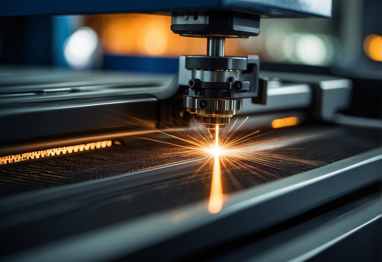 A Tanaka laser machine precisely cuts complex shapes with intricate details. Laser beam focuses on material, creating precise cuts with high accuracy