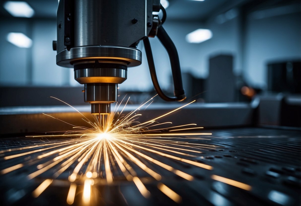 A Tanaka laser cutting machine precisely slices through complex shapes with accuracy. Sparks fly as the machine optimizes precision in the cutting process