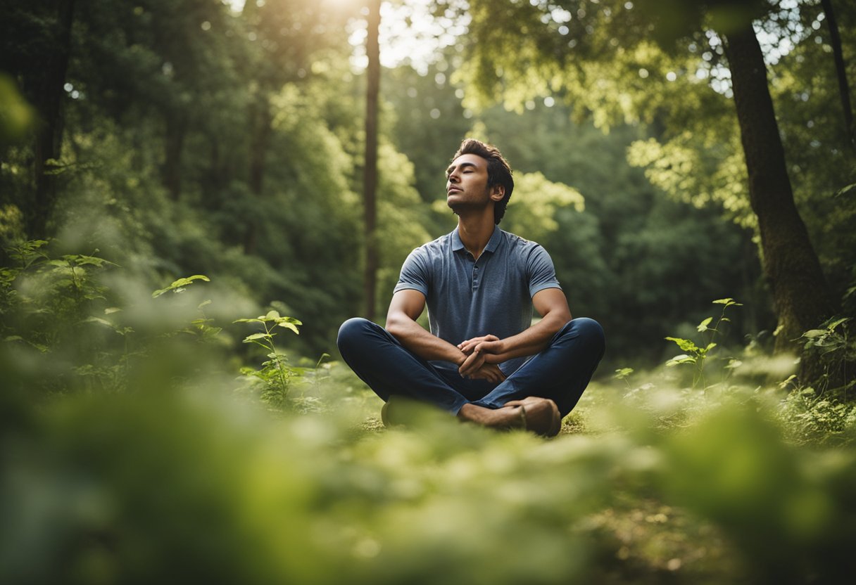 A person sits cross-legged, eyes closed, surrounded by nature. They appear relaxed and focused, tuning in to their body's sensations how to listen to your body