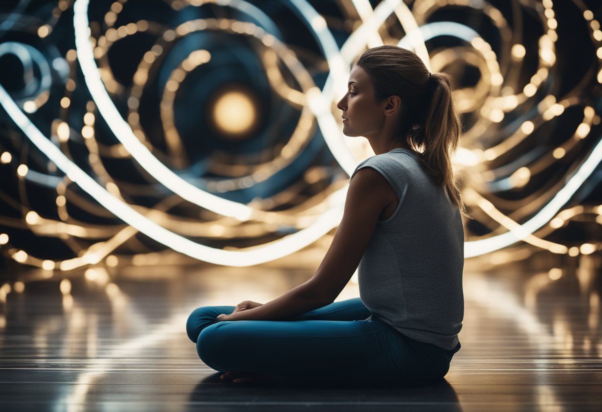 A person sits cross-legged, eyes closed, hands resting on knees. Surrounding them, swirling lines represent energy and focus how to listen to your body