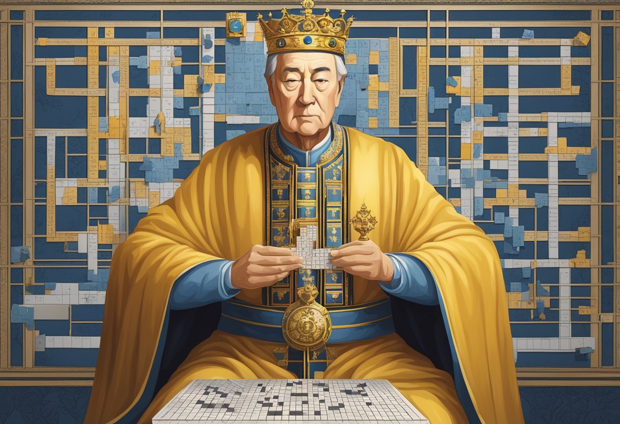 A regal emperor figure surrounded by crossword puzzle techniques and strategies