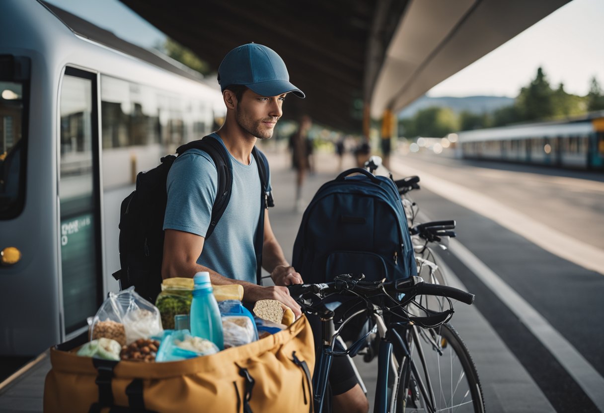 A traveler packs a backpack with a map, water bottle, and snacks. They stand next to a bicycle, bus stop, and train station