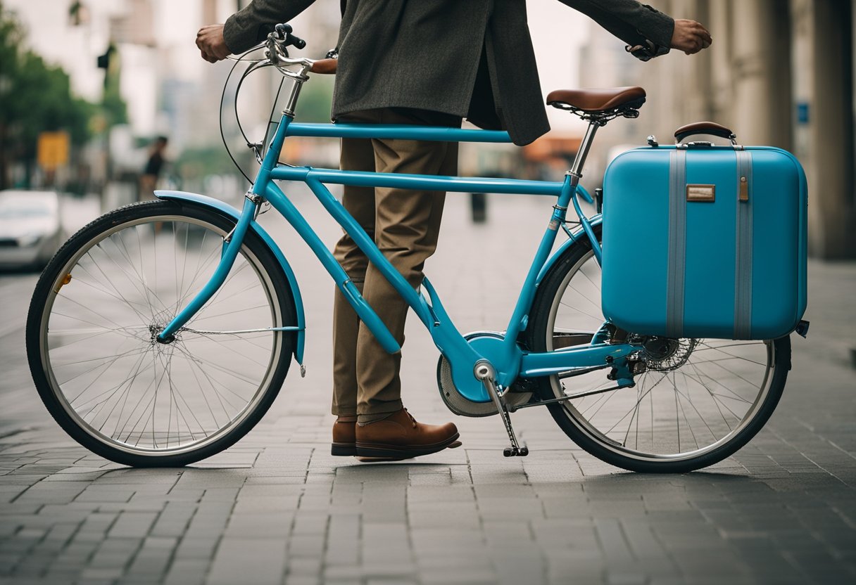 A traveler using a bicycle, scooter, or public transportation with a map and suitcase